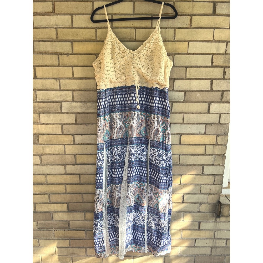 J Glee Blue Paisley Crochet Lace Inserts Maxi Dress Beachy Size XL